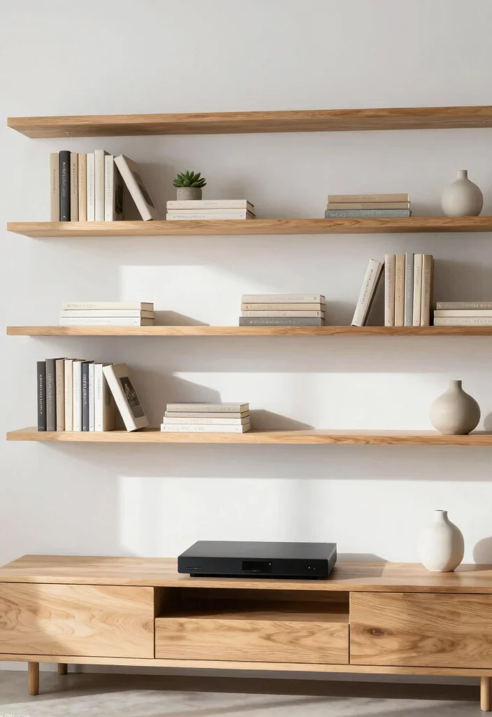 14 Media Wall Decor Ideas for Living Rooms and Lounges 1. Floating Shelves with Minimalist Accents 0