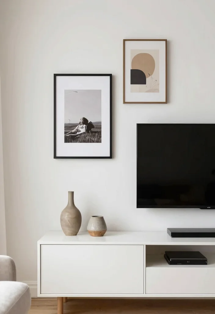 14 Media Wall Decor Ideas for Living Rooms and Lounges 12. Personalized Touches with Minimalist Decor 0