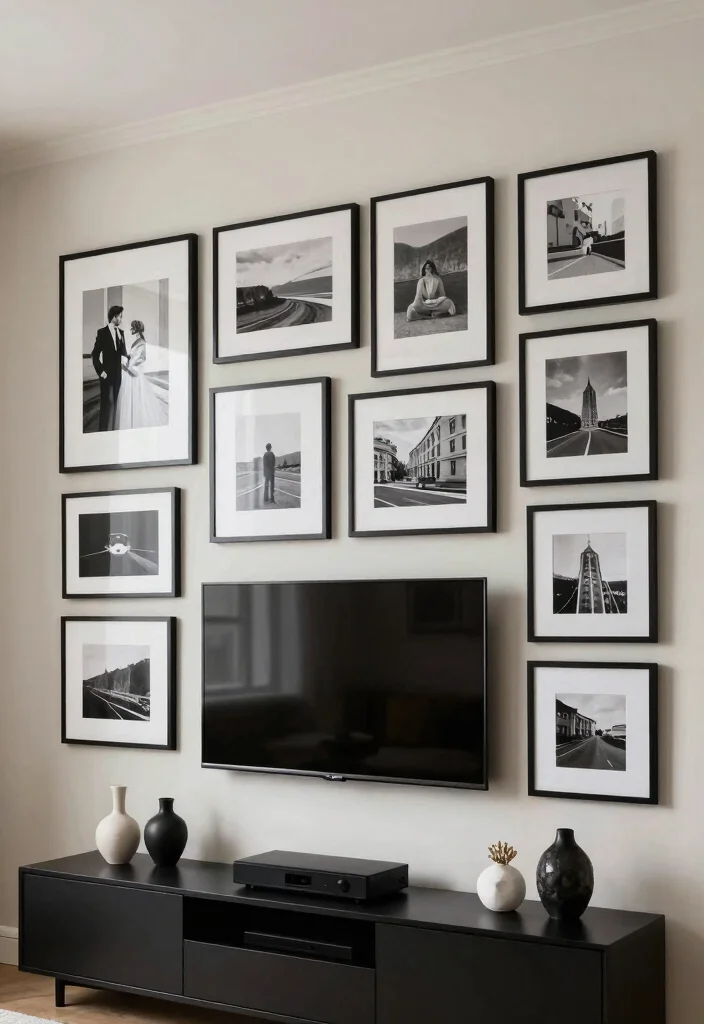 14 Media Wall Decor Ideas for Living Rooms and Lounges 2. Artful Gallery Wall Arrangement 0