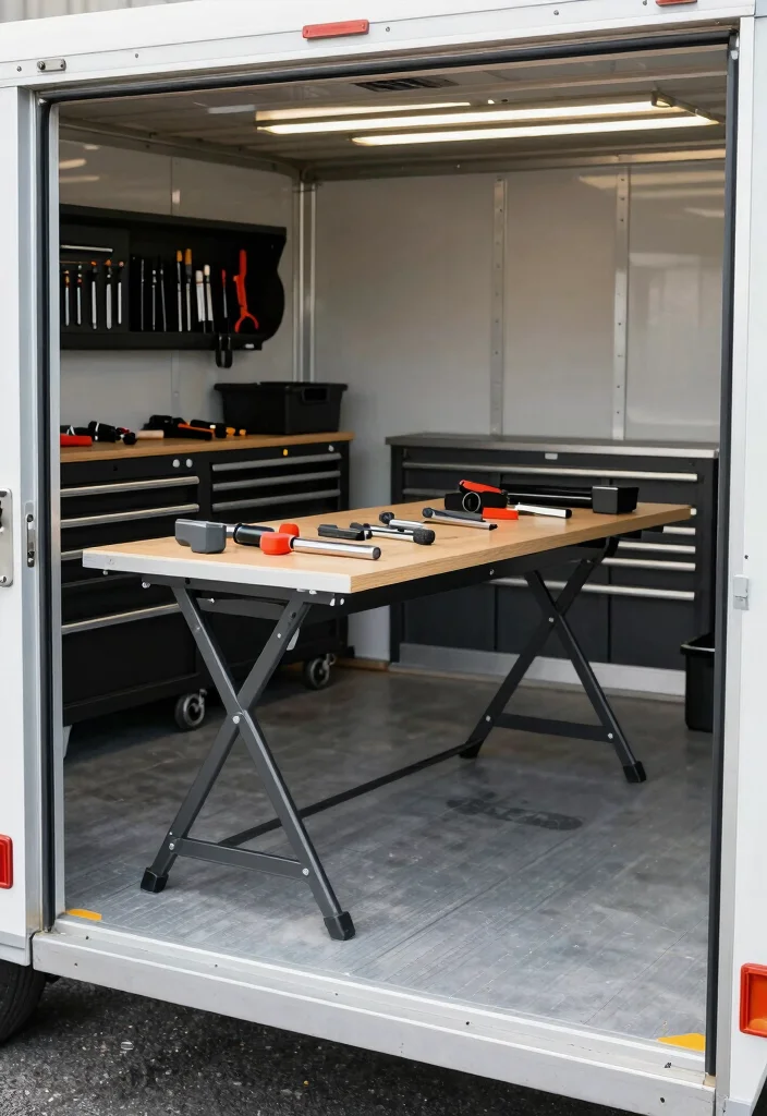 14 Tool Trailer Organization Ideas for Mobile Work 7. Folding Workbench 0