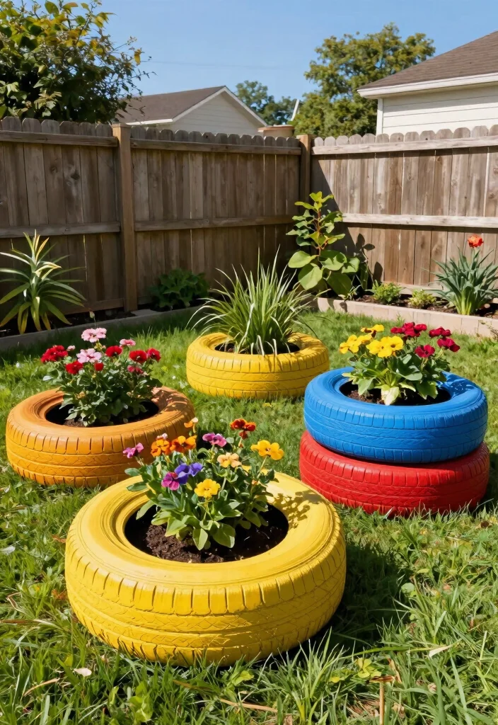 14 Unique Backyard Ideas That Stand Out and Feel Personal 3. Upcycled Tire Planters 0