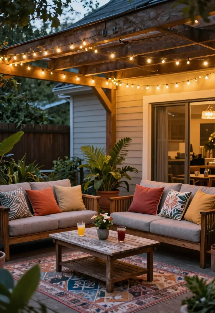14 Walkout Basement Patio Ideas Under Decks 1. Cozy Lounge with Twinkling Lights 0