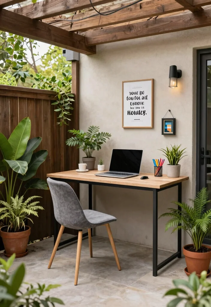 14 Walkout Basement Patio Ideas Under Decks 9. Compact Work from Home Oasis 0