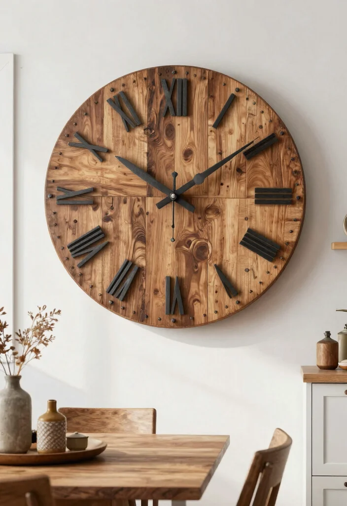 14 Wood Wall Decor Ideas for Warm Natural Texture 12. Rustic Wooden Clock 0