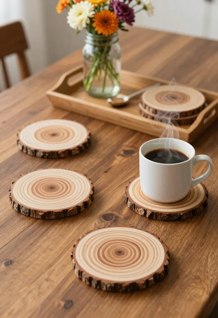 14 Wood Wall Decor Ideas for Warm Natural Texture 9. Wood Slice Coasters 0