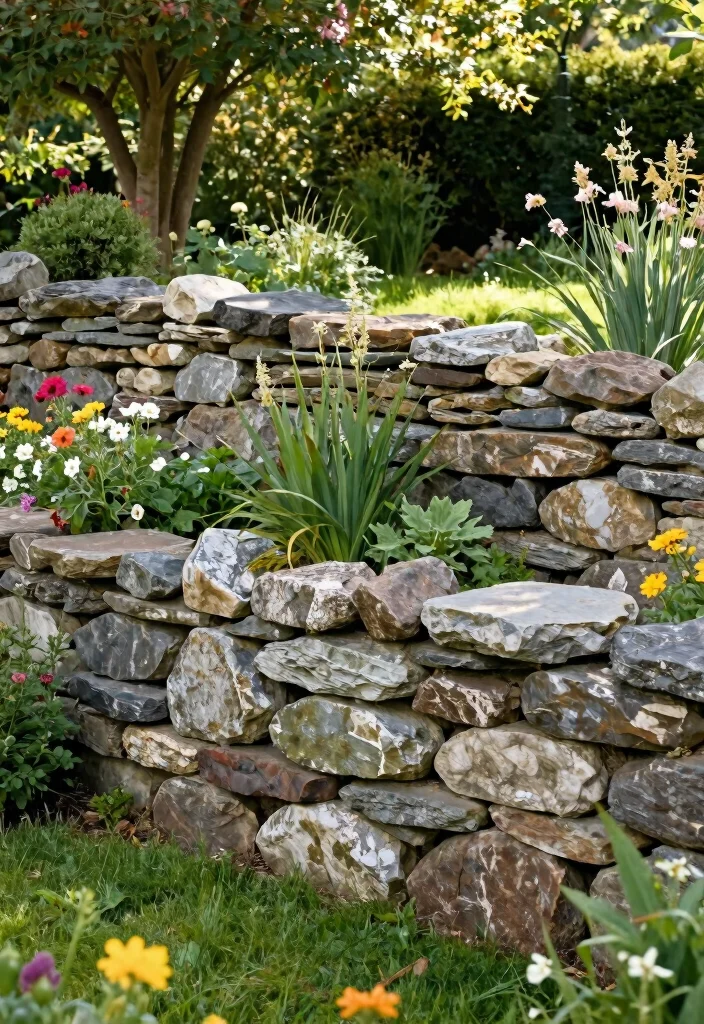 15 Backyard Retaining Wall Ideas That Add Structure and Style 11. Dry Stone Wall for Timeless Beauty 0
