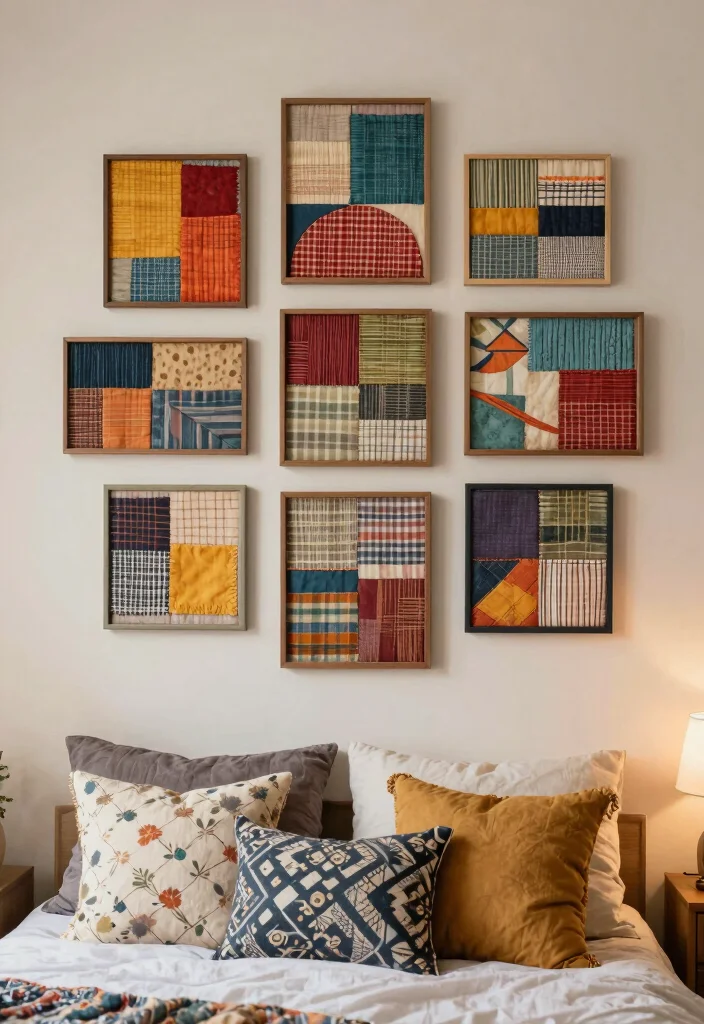 16 Bedroom Aesthetic Wall Decor Ideas That Feel Personal 9. Frame Collages with Fabrics 0