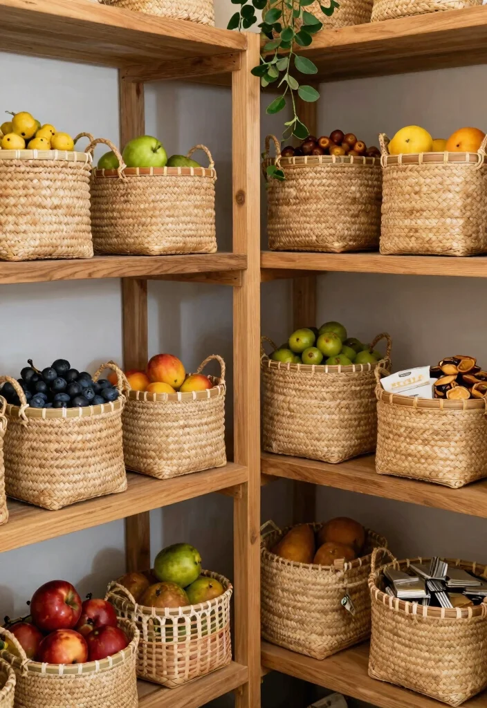 12 Walk In Pantry Organization Ideas for Everyday Use 2. Incorporate Natural Baskets