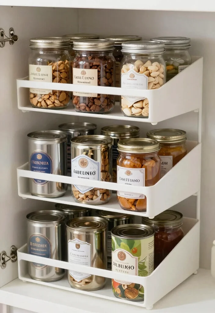 12 Walk In Pantry Organization Ideas for Everyday Use 10. Use Tiered Organizers for Cans and Jars